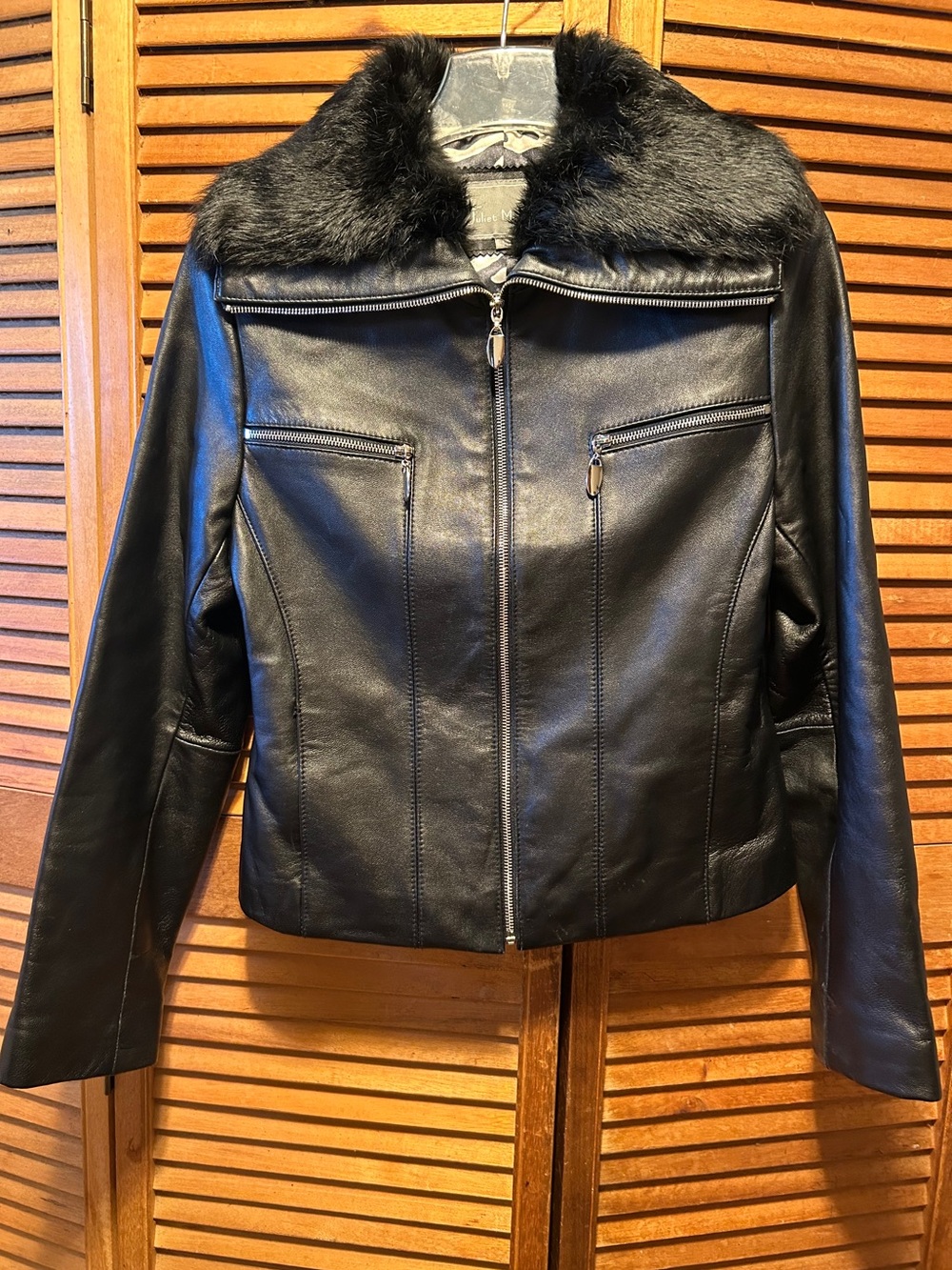 Juliet Michelle Black Genuine Lambs Leather Jacket with a Black Fur Collar